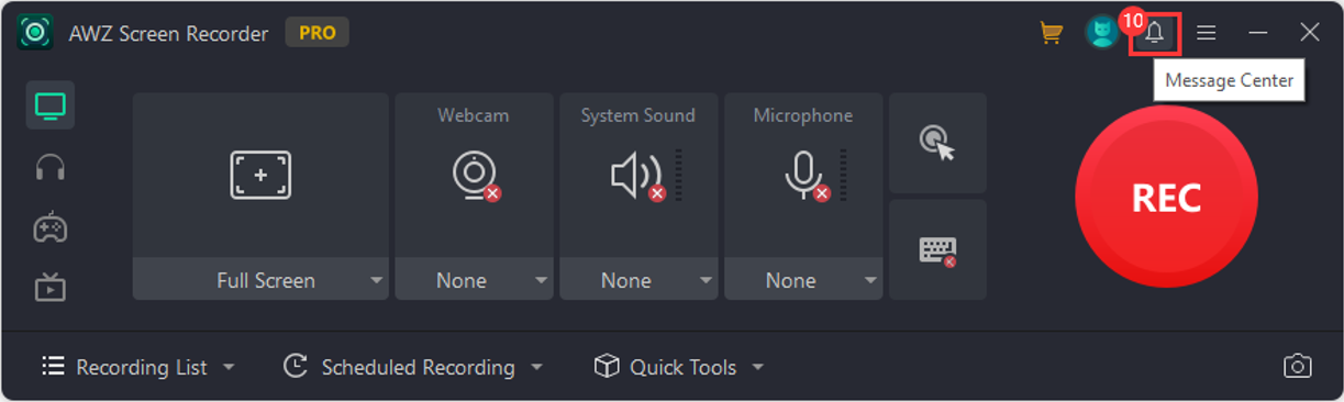 AWZ Screen Recorder navigation - Message Center