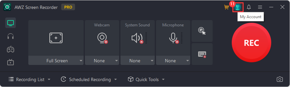 AWZ Screen Recorder navigation - My account