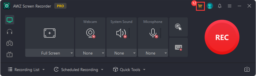 AWZ Screen Recorder navigation - Shopping Cart