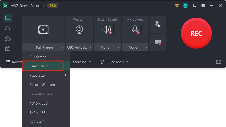 Record in a selected screen