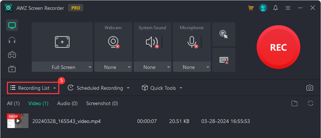 AWZ Screen Recorder navigation - Recording list