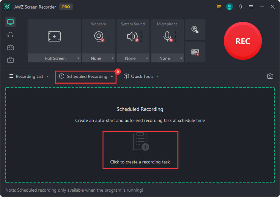 AWZ Screen Recorder navigation - Scheduled recording