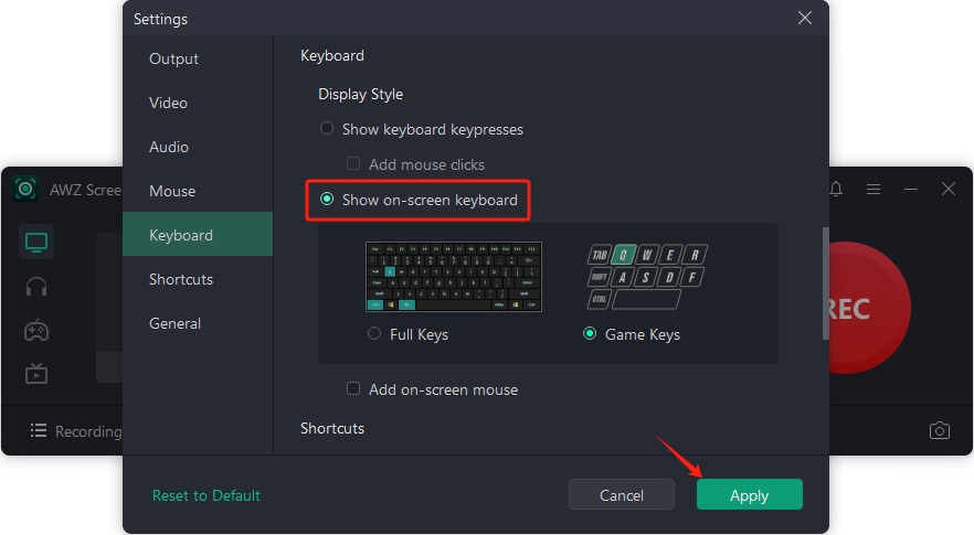Record on-screen keyboard