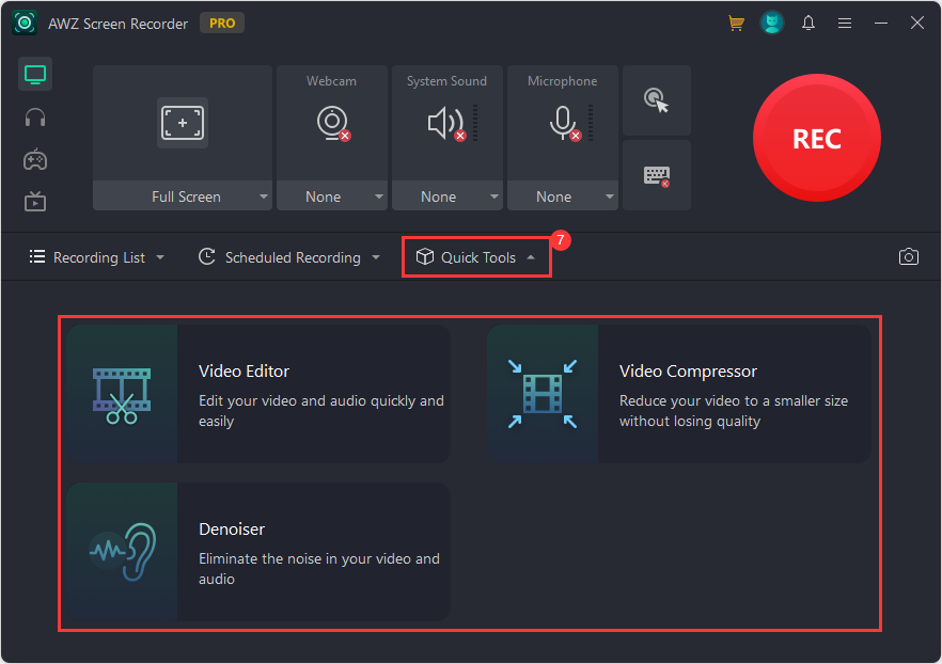 AWZ Screen Recorder navigation - Quick Tools