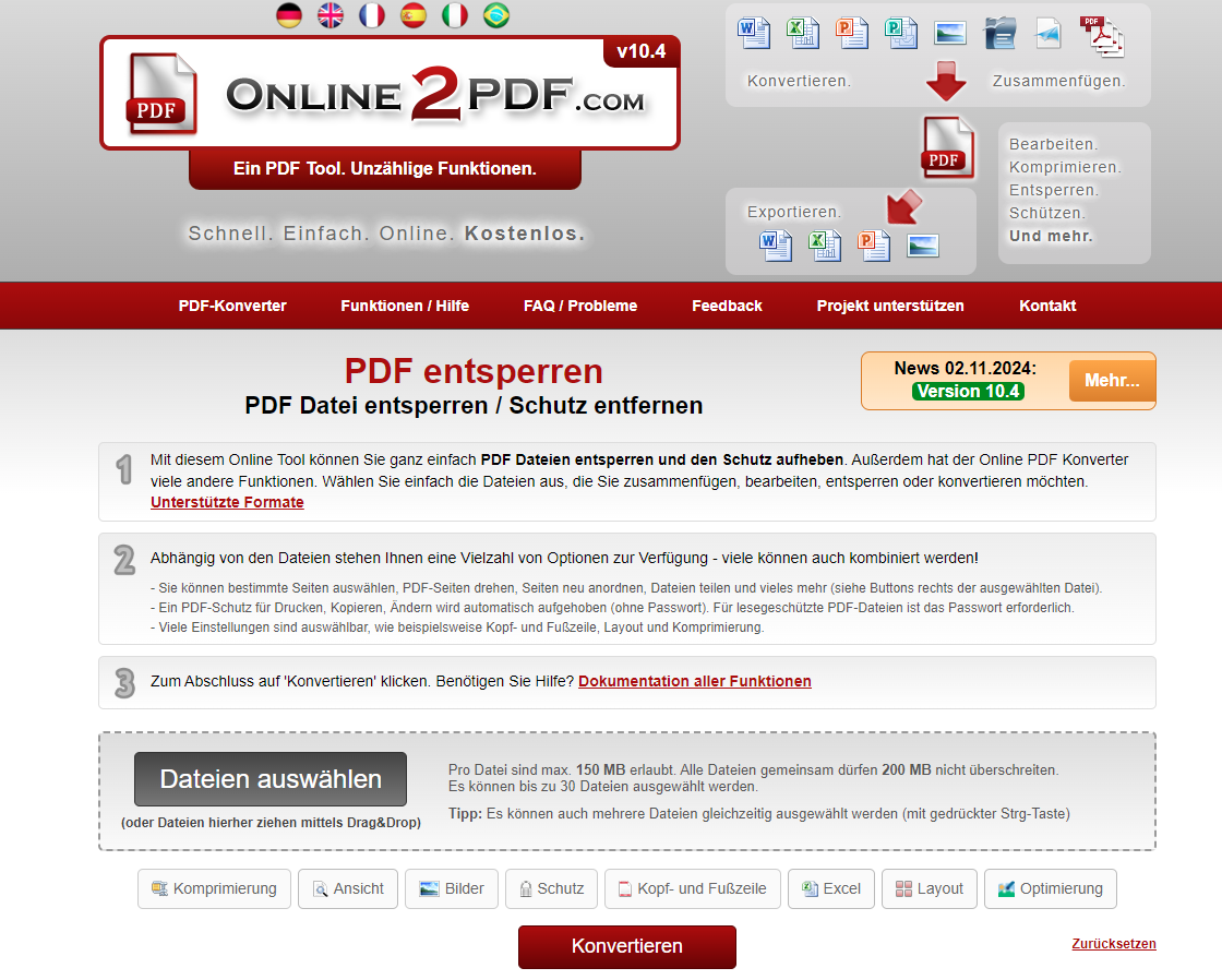 Signierte PDF online entsperren mit Online2PDF