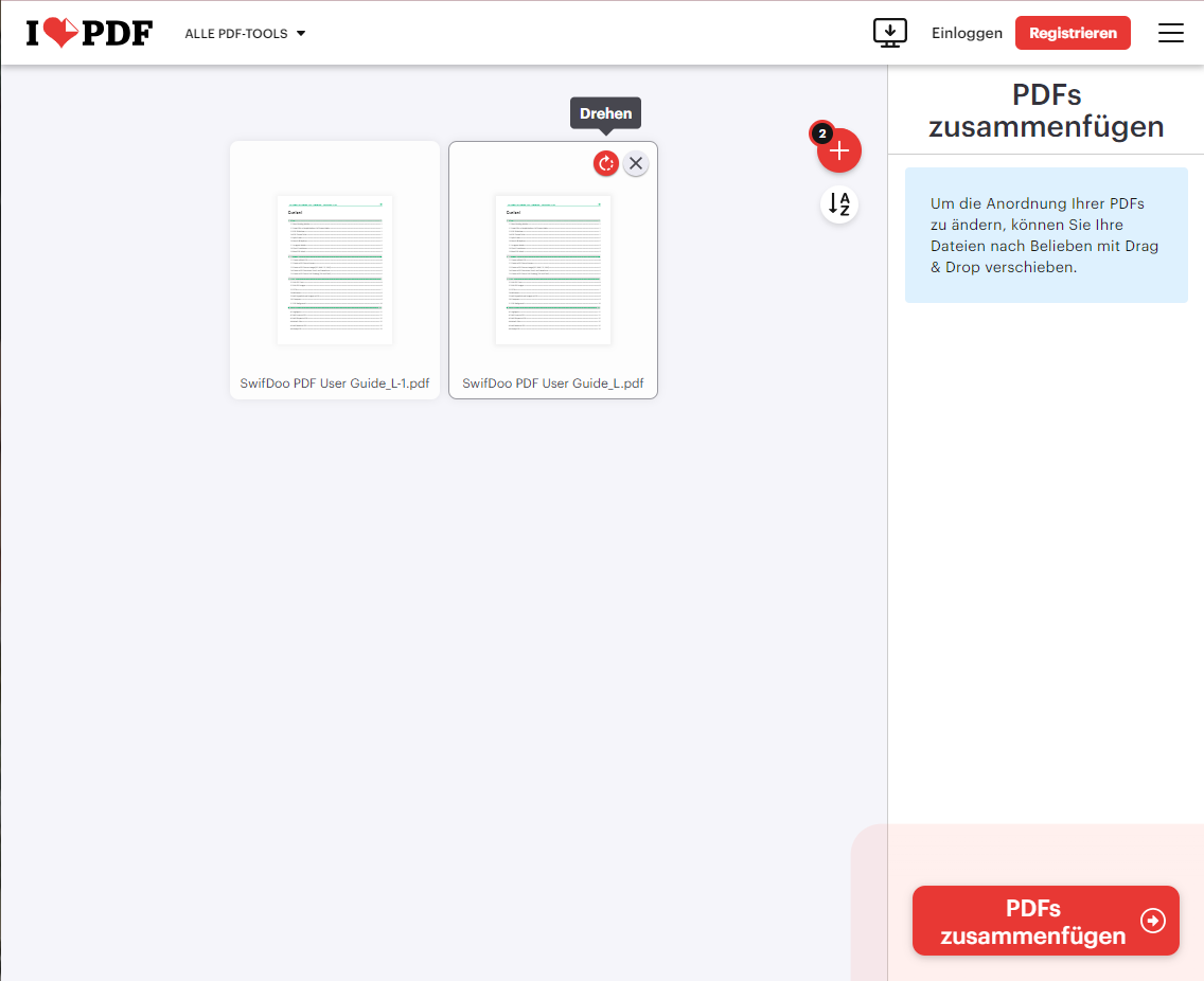 Anpassen Sie der Reihenfolge und der Seitenausrichtung von PDFs im ilovePDF
