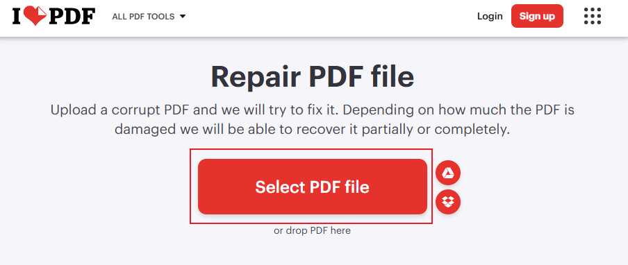 Click the Select PDF file button to import the damaged PDF file into iLovePDF