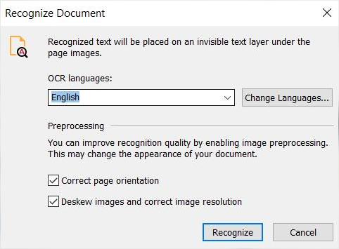 Specify the OCR language and click Recognize in ABBYY FineReader PDF