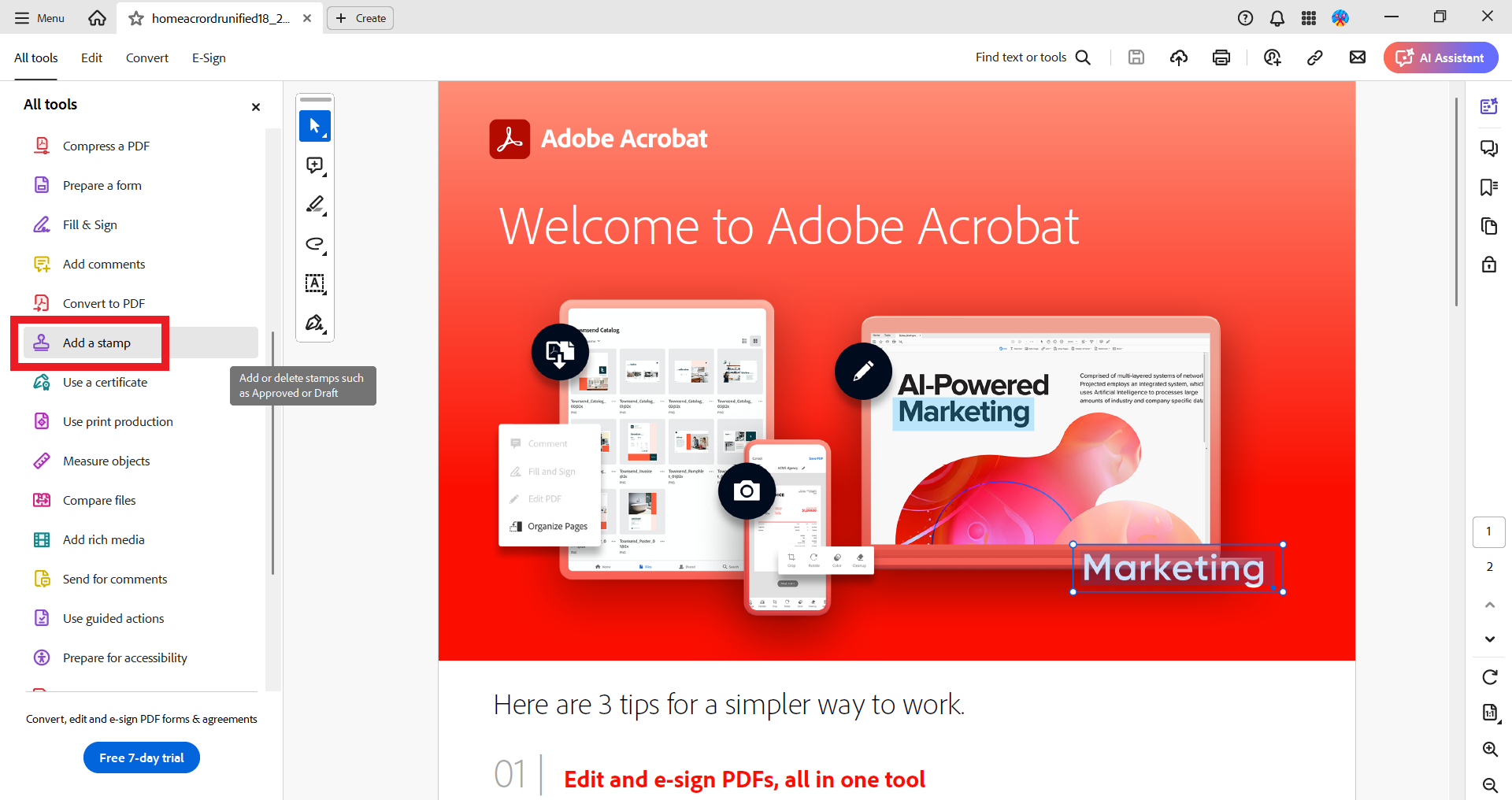 Access Add a Stamp Feature in Adobe