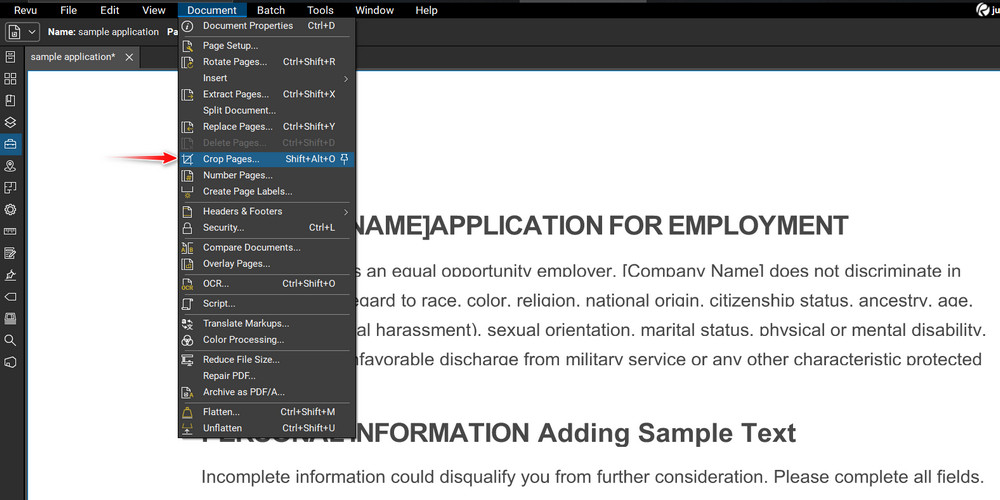 Access Crop Pages Function in Bluebeam