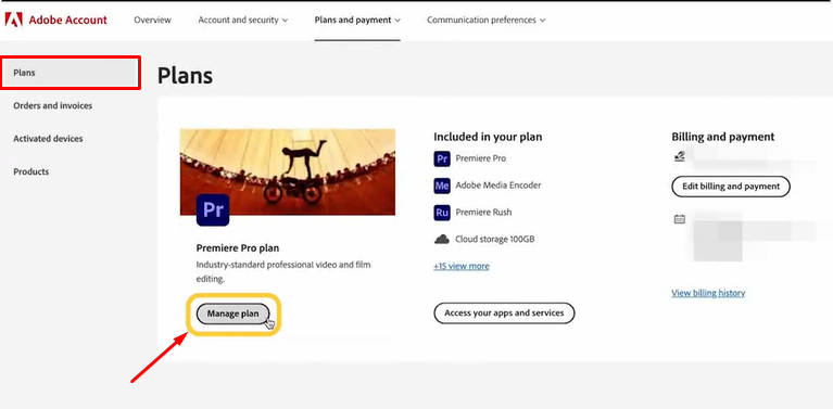Access Manage Plans in Adobe
