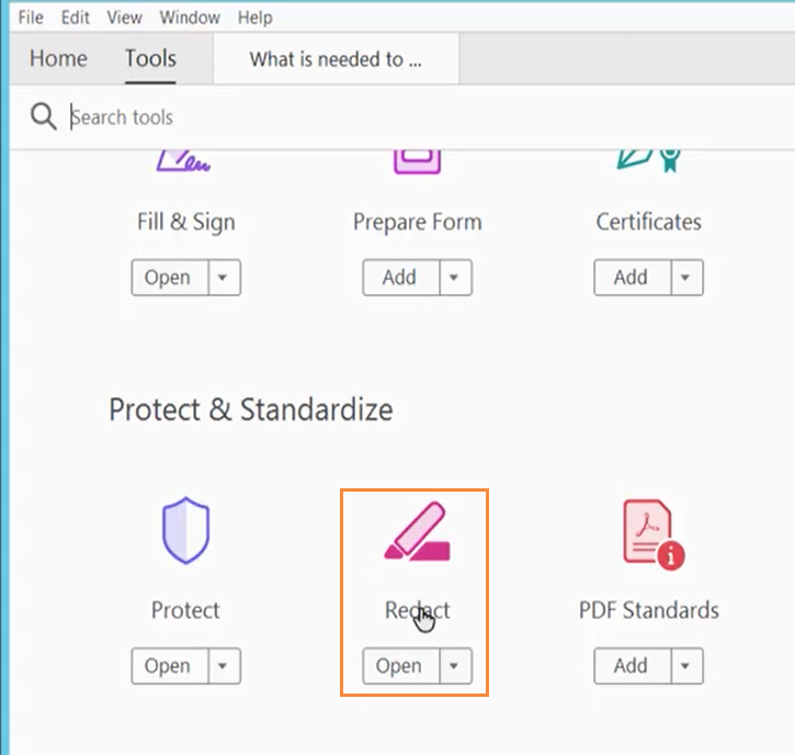 Access Redact Tool in Acrobat