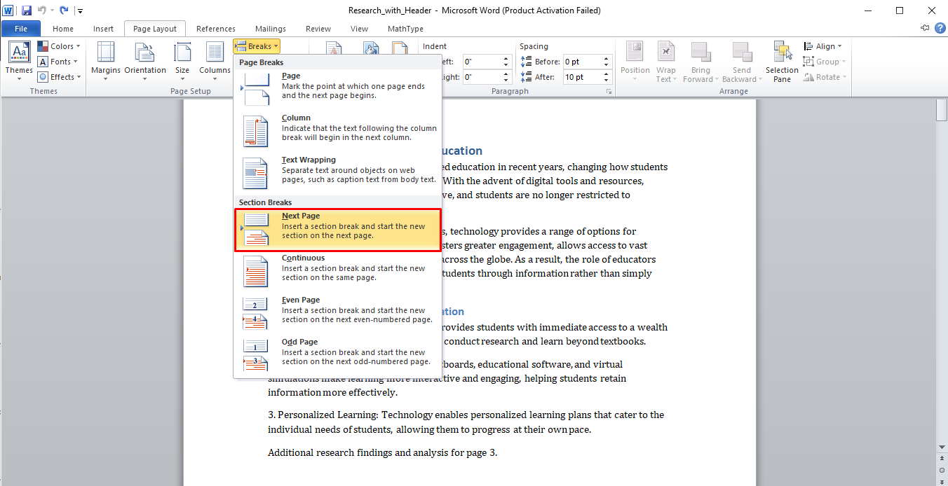 Access Section Breaks in Word