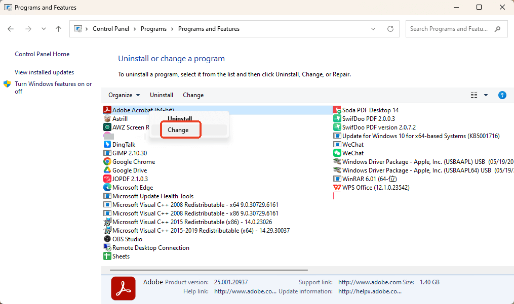 Repair the Adobe Acrobat Installation