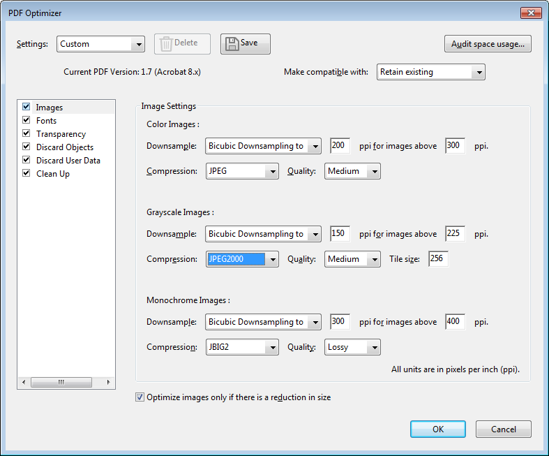 Acrobat Pro PDF Optimizer Options
