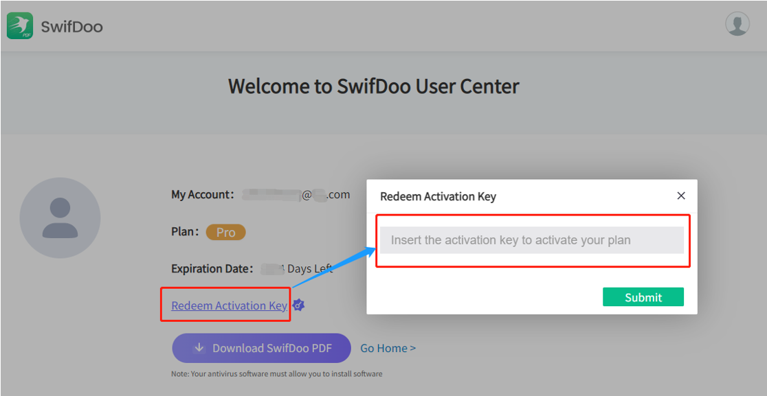 Activate SwifDoo PDF step 3 redeem activation key