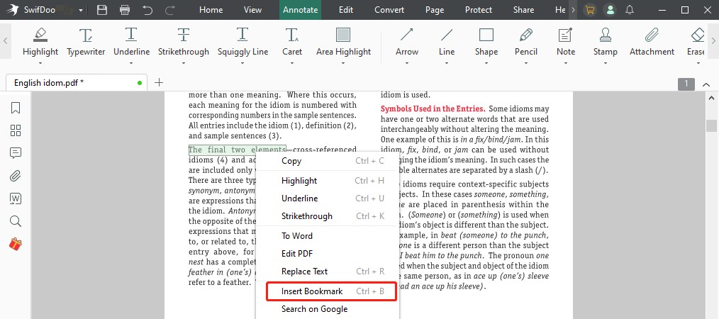 Add bookmarks to PDF text with SwifDoo PDF step 2