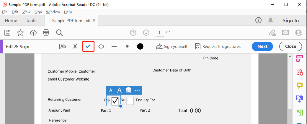 Add check mark in PDF in Adobe Acrobat Reader step 3