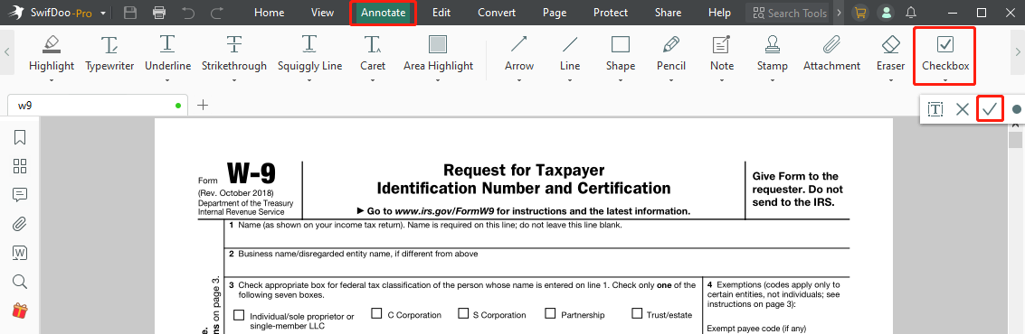 Add check mark in PDF with SwifDoo PDF step 2