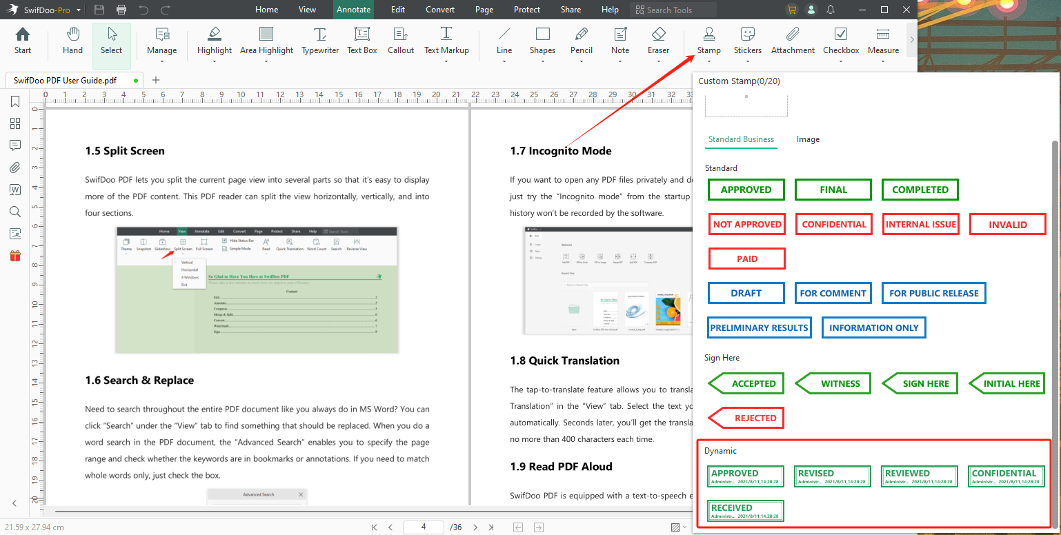 Add Dynamic Stamps to PDF in SwifDoo PDF