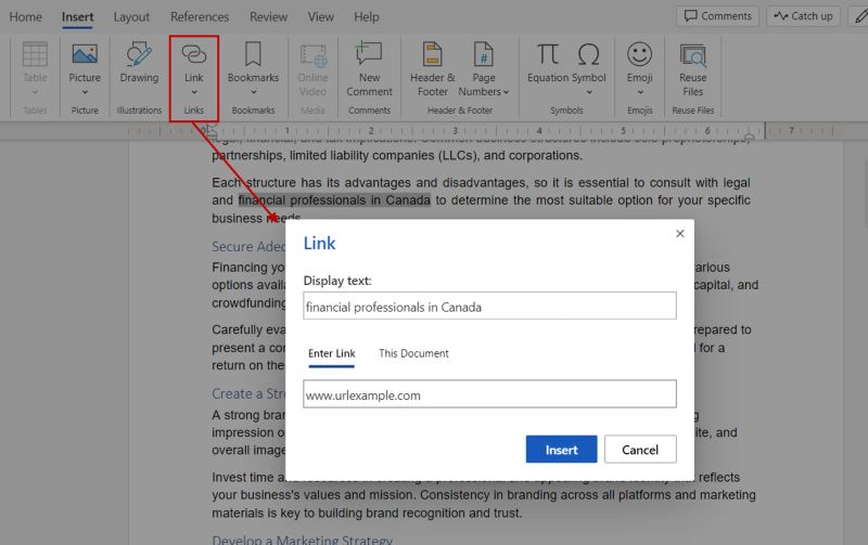 Add Link in MS Word