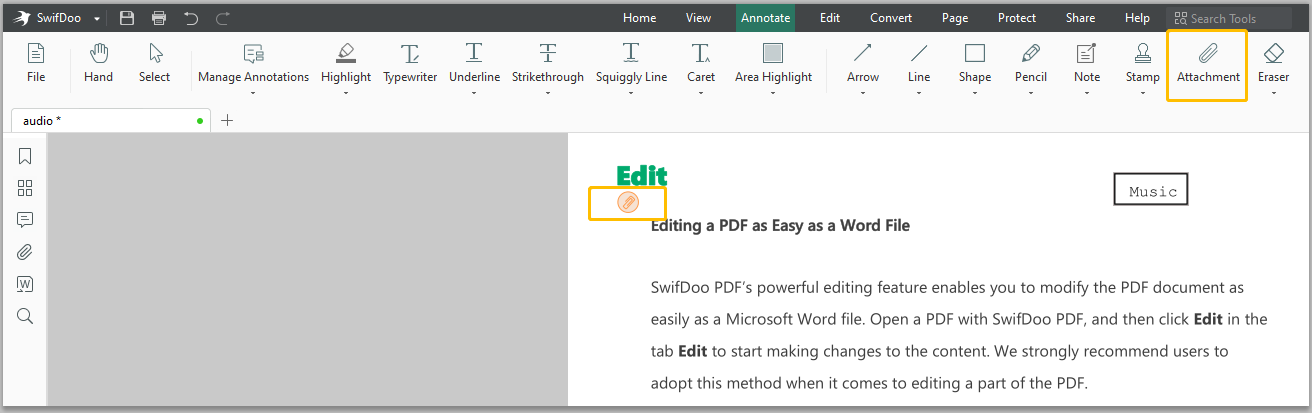 Add MP3 audio to PDF with SwifDoo PDF