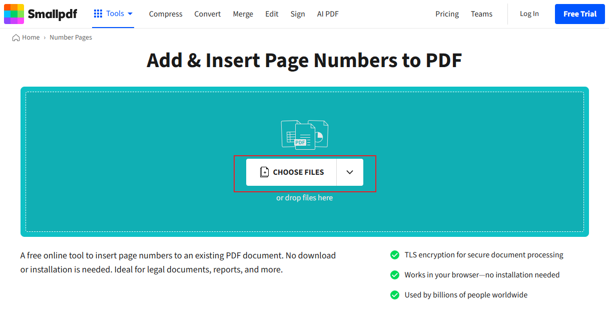 Click CHOOSE FILES to upload your PDF file into Smallpdf