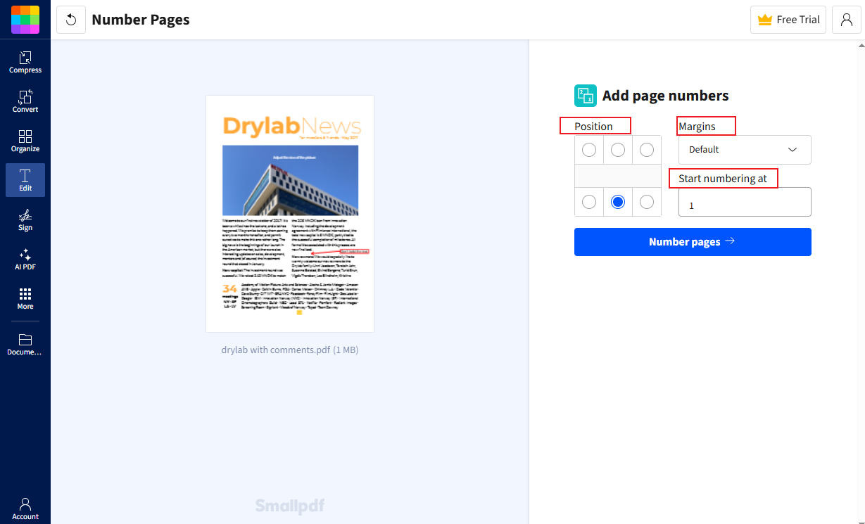 Set the position and other settings in Smallpdf