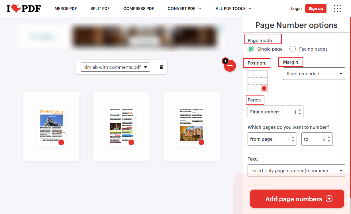 Customize Page Number options in iLovePDF