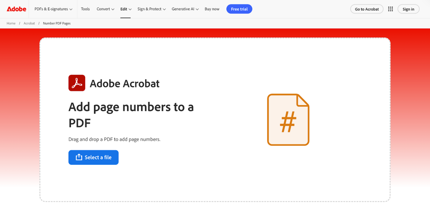 Click Select a file to import your PDF into Adobe Acrobat online