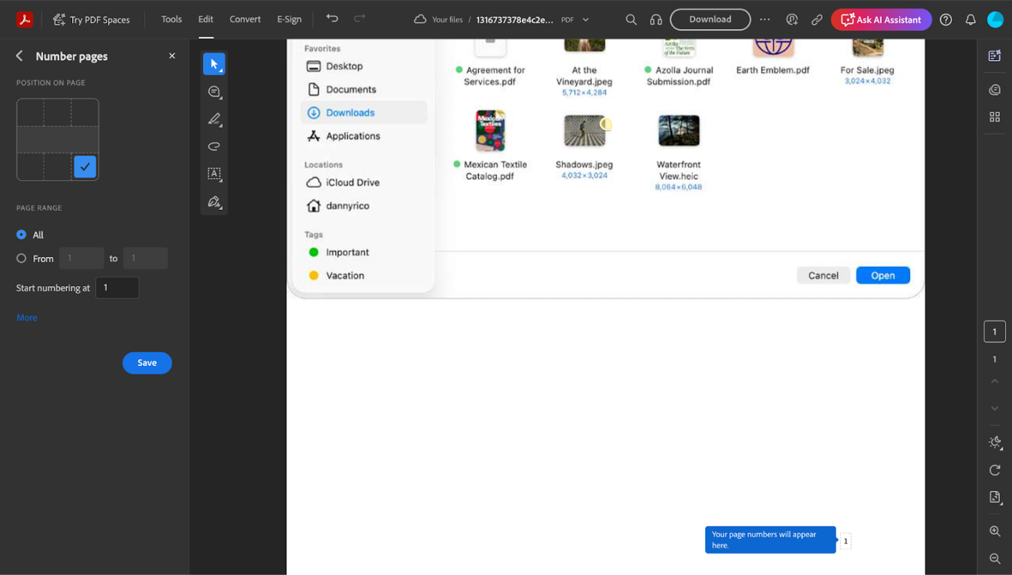 Customize page number settings in Adobe Acrobat online