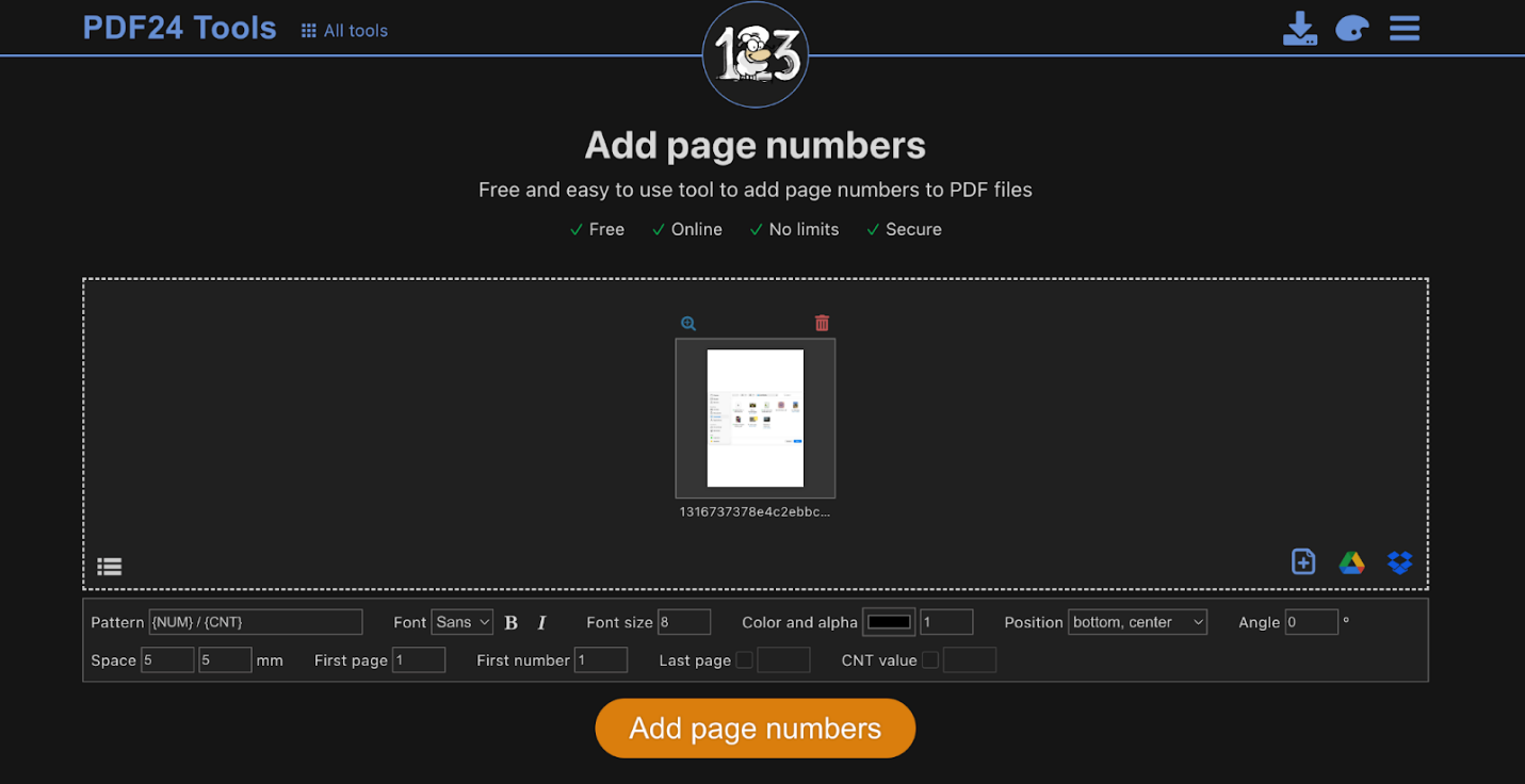 Click Add page numbers in PDF24Tools