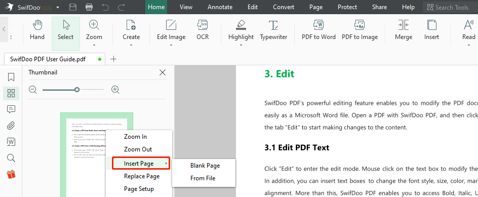Add pages to PDF with SwifDoo PDF right-click menu