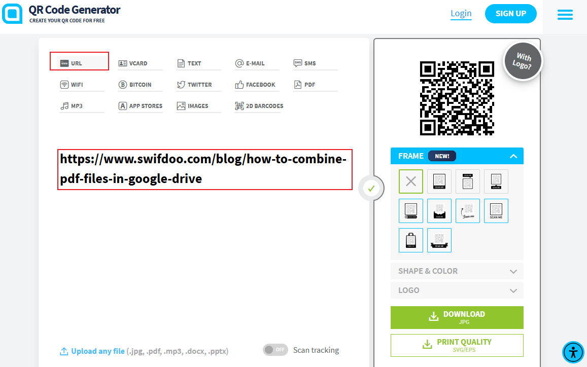 Choose the URL option and paste the copied link into QR Code Generator