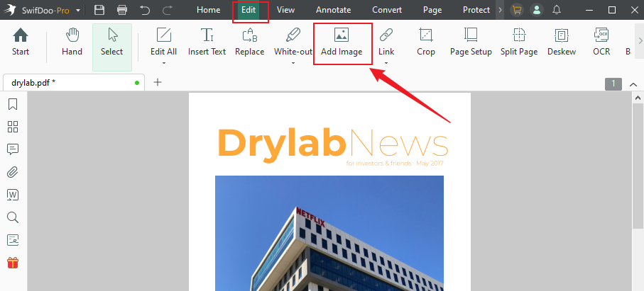 Click the Add Image option under the Edit tab of SwifDoo PDF