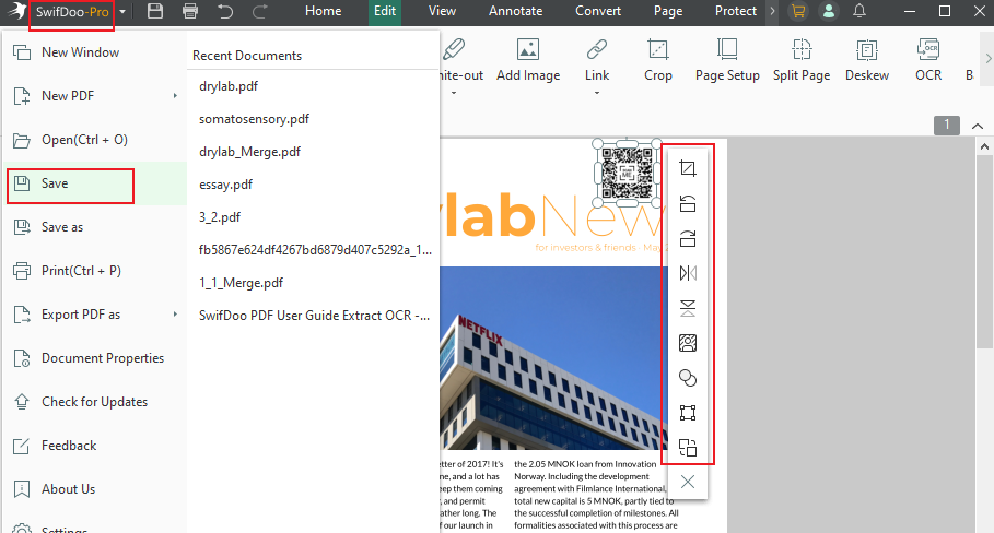 Edit the QR code image and then click the Save option in SwifDoo PDF