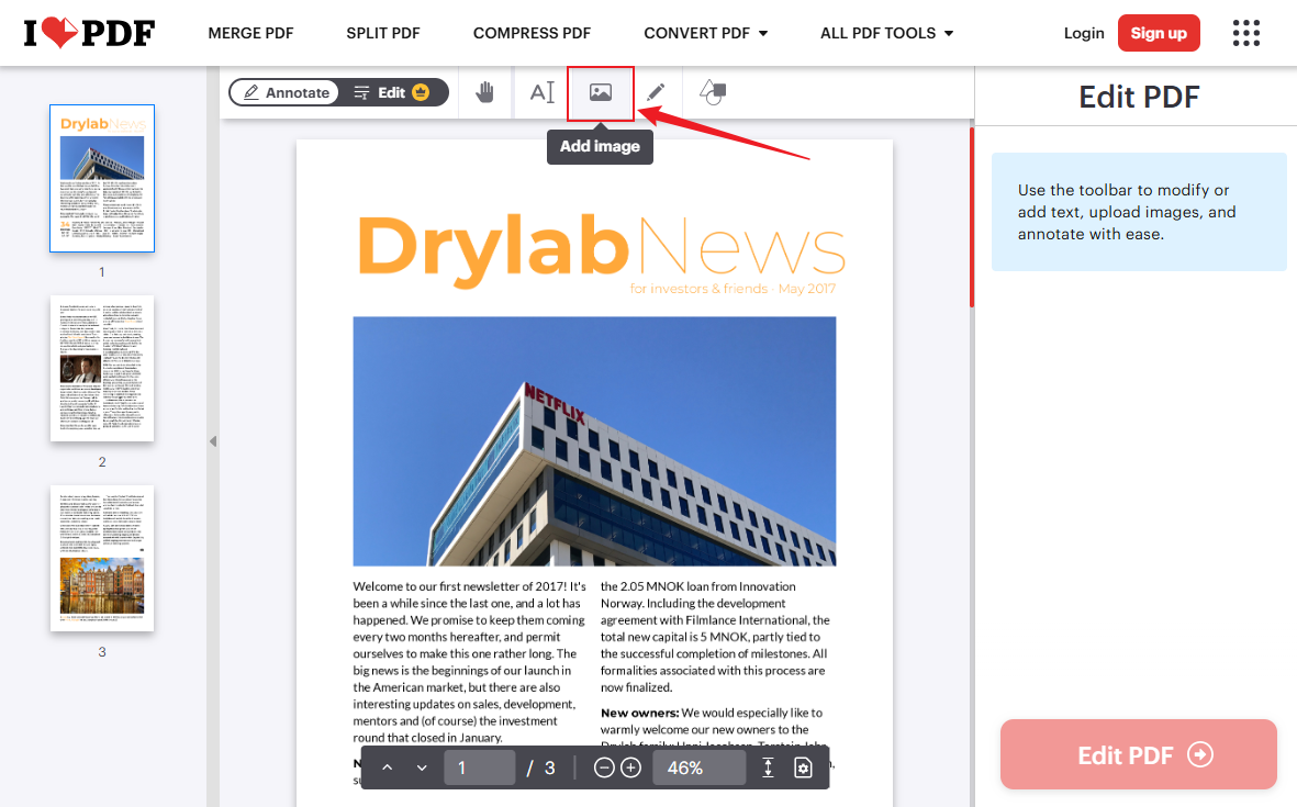 Click the Add image option to import the QR code image into iLovePDF
