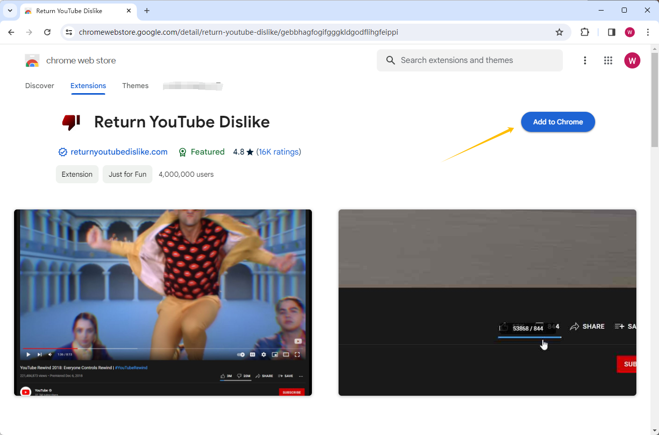 Add Return YouTube Dislikes Extension to Chrome