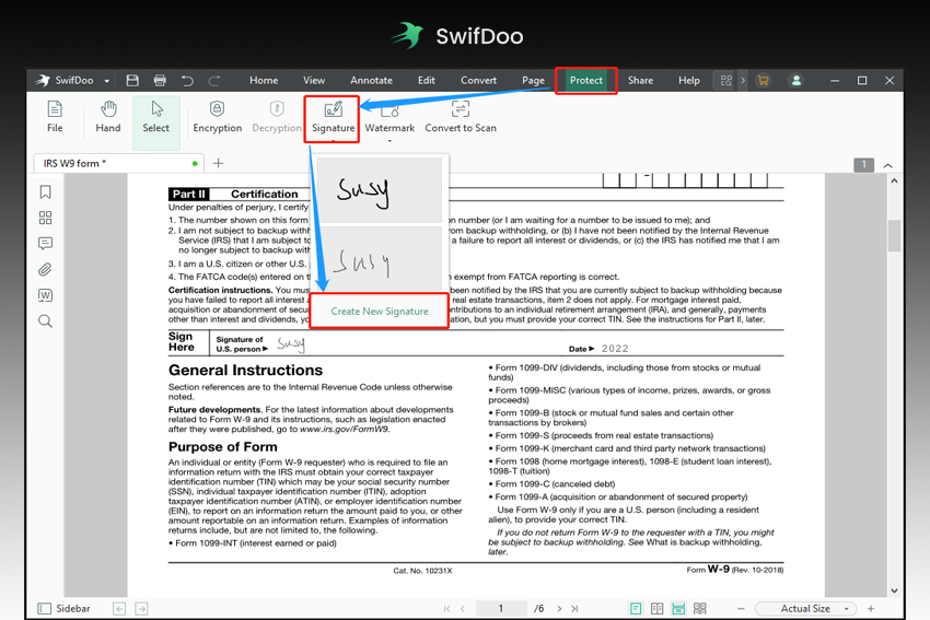 Add signature and date to W9 form with SwifDoo PDF