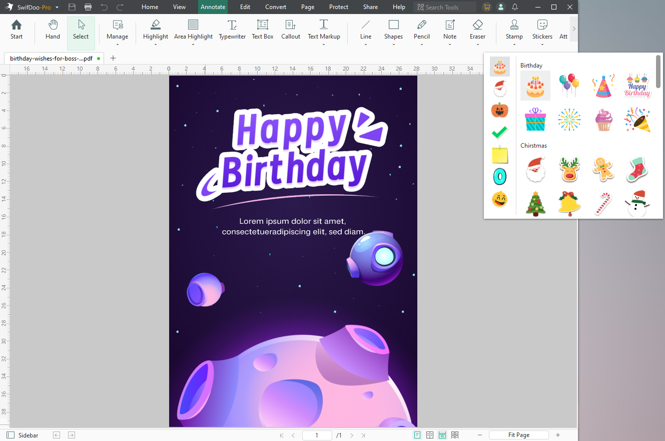 Add Stickers to PDF Birthday Card
