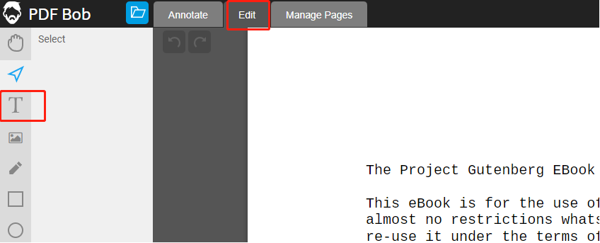 Add text box to PDF online using PDF Bob step 2