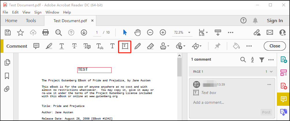 Add text box to PDF with Adobe Acrobat Reader DC step 2
