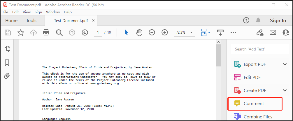 Add text box to PDF with Adobe Acrobat Reader DC step 1