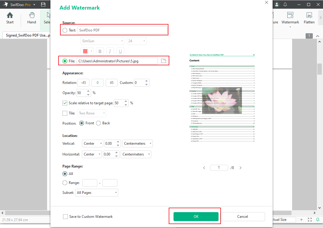 Create a text or image watermark in SwifDoo PDF