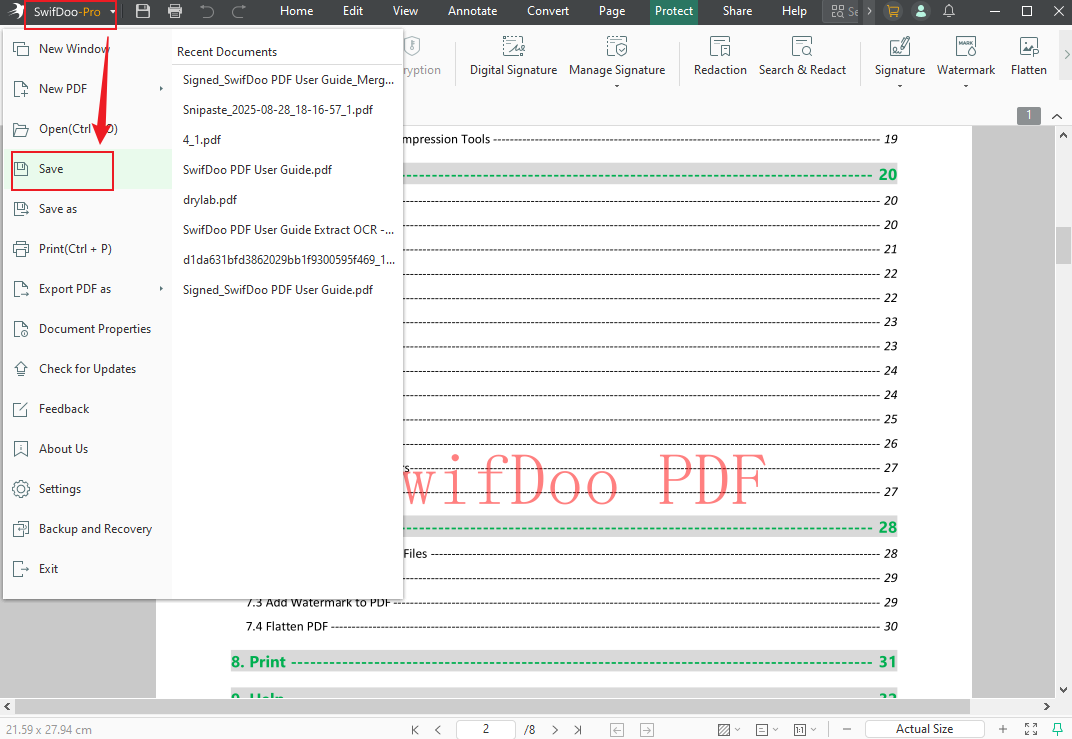 Click the SwifDoo tab and choose the Save option in SwifDoo PDF to save the PDF file with watermarks