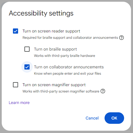 Adjust Accessibility Settings in Google Docs