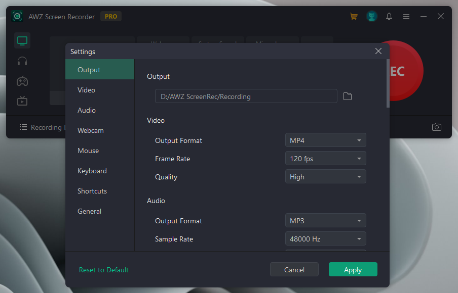 Adjust Output Settings Before Recording