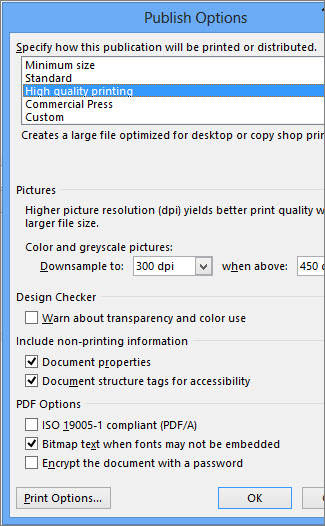 Adjust Output Settings in Publish Options Window