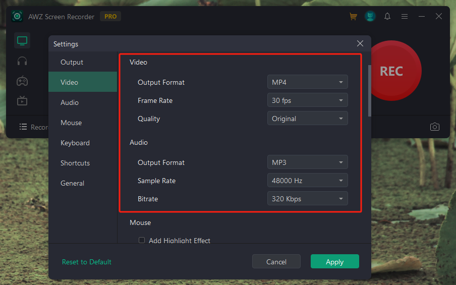 Adjust Recording Output Settings