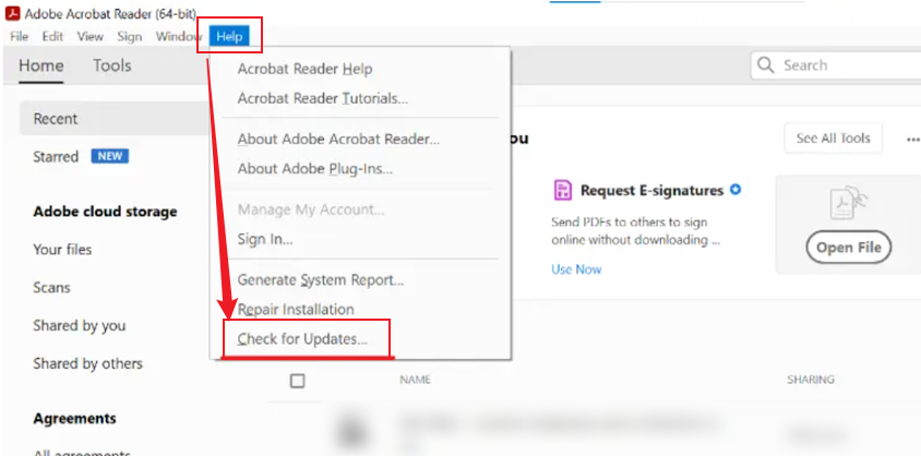 Click Help and select the Check for Updates option in Adobe Acrobat